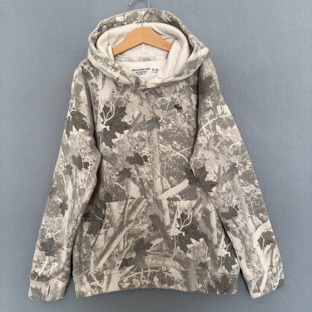 Abercrombie Kids A&F Essentials Camo Hoodie Grey Leaf Print Relaxed Fit 11/12